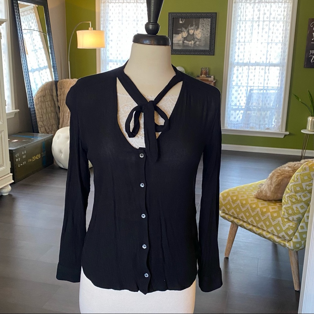 Obey black Long sleeve tie blouse xs